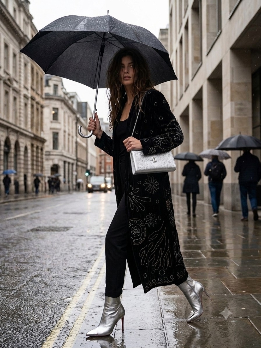 Black Embroidered Velvet Zara Duster with Silver  And Gold Embroiderry M